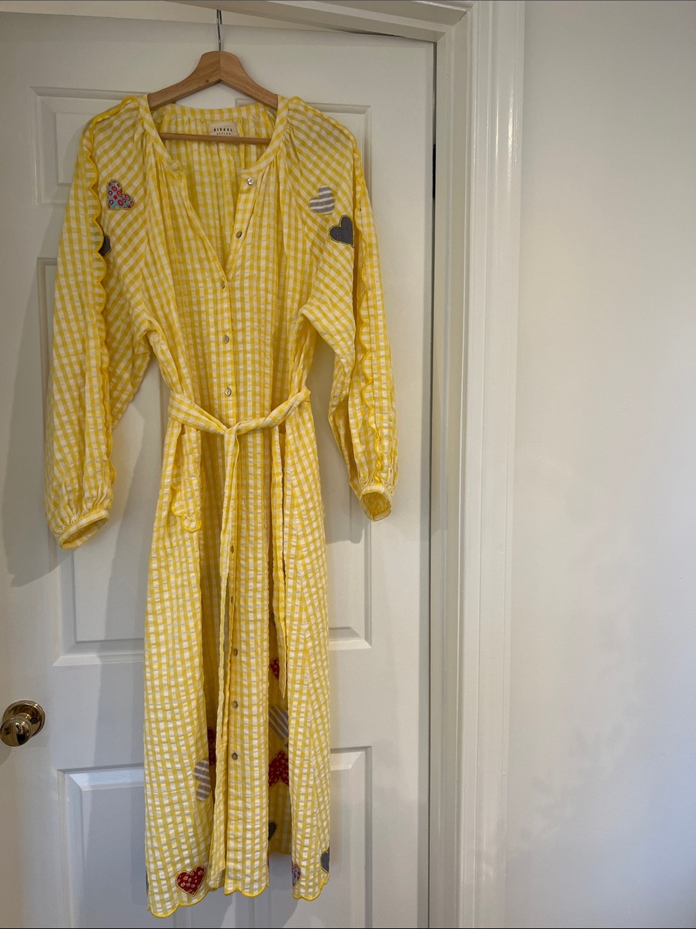 Girls' Yellow Gingham Button-Front Dress with Heart Appliques